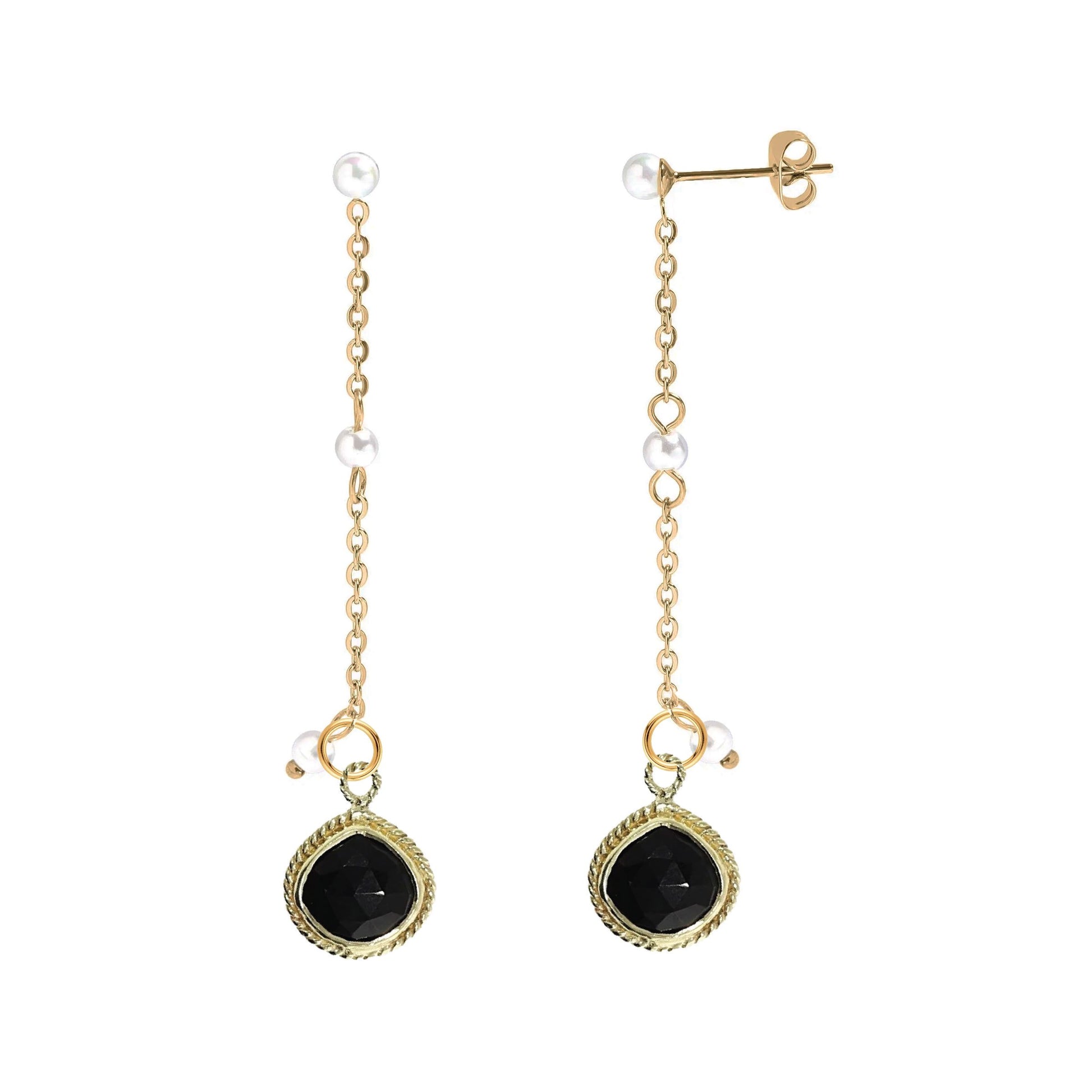 Long Pearl and Gemstone Drop Stud Back Earrings - 9 color options Robyn Canady Black Onyx 