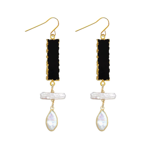 Long Gemstone and Pearl Drop Earrings - Winter Parties Robyn Canady Black Onyx 