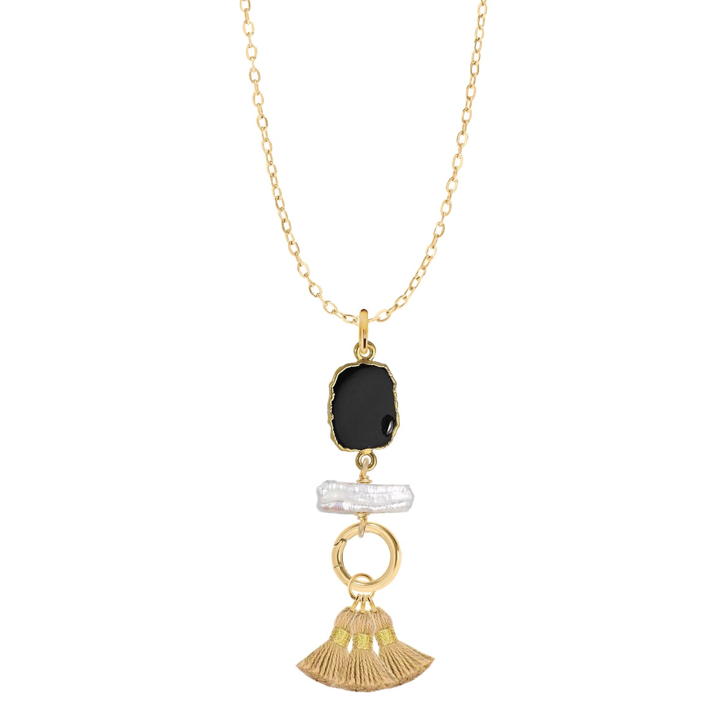 Gemstone Slice, Freshwater Pearl, Gold Tassel Necklace - 4 color options Robyn Canady Black Onyx 