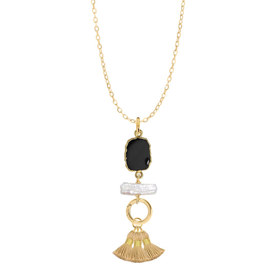 Gemstone Slice, Freshwater Pearl, Gold Tassel Necklace - Winter Parties Robyn Canady Black Onyx 