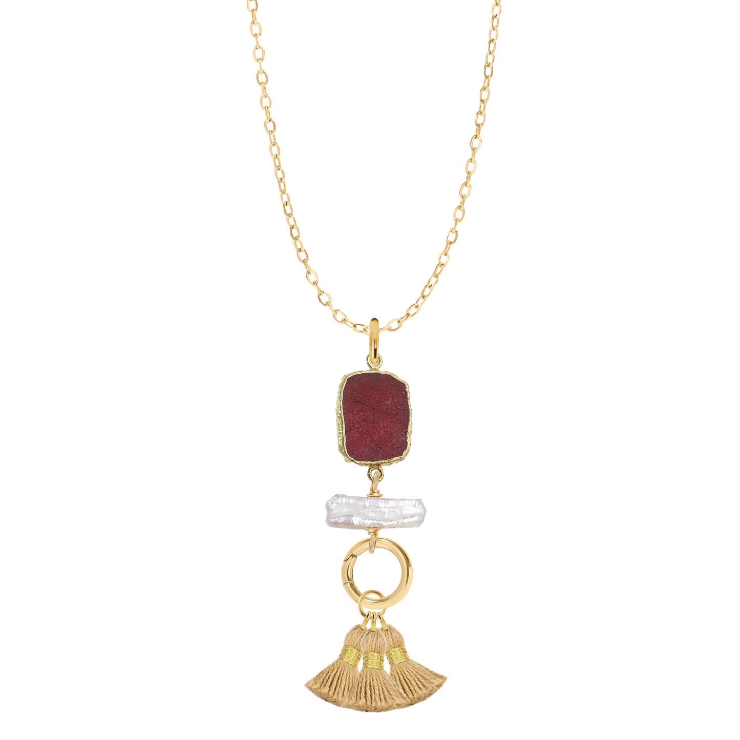 Gemstone Slice, Freshwater Pearl, Gold Tassel Necklace - 4 color options Robyn Canady Ruby 