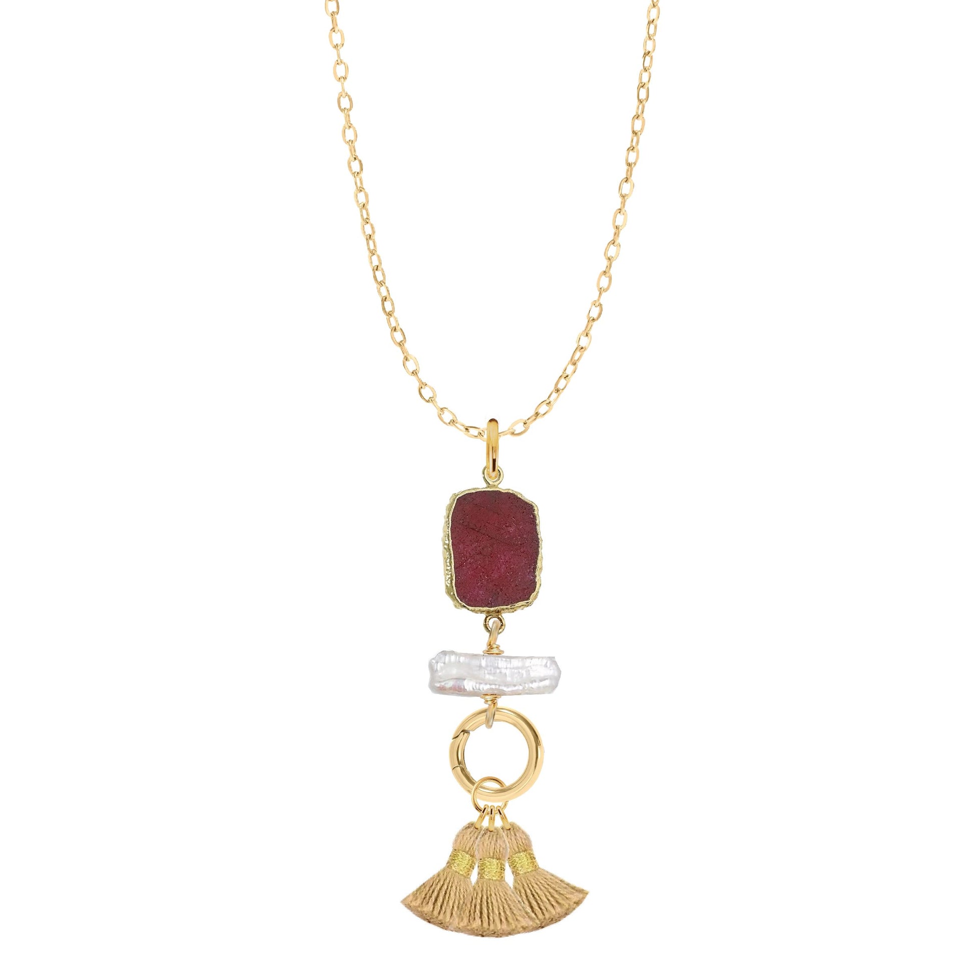 Gemstone Slice, Freshwater Pearl, Gold Tassel Necklace - 4 color options Robyn Canady Ruby 