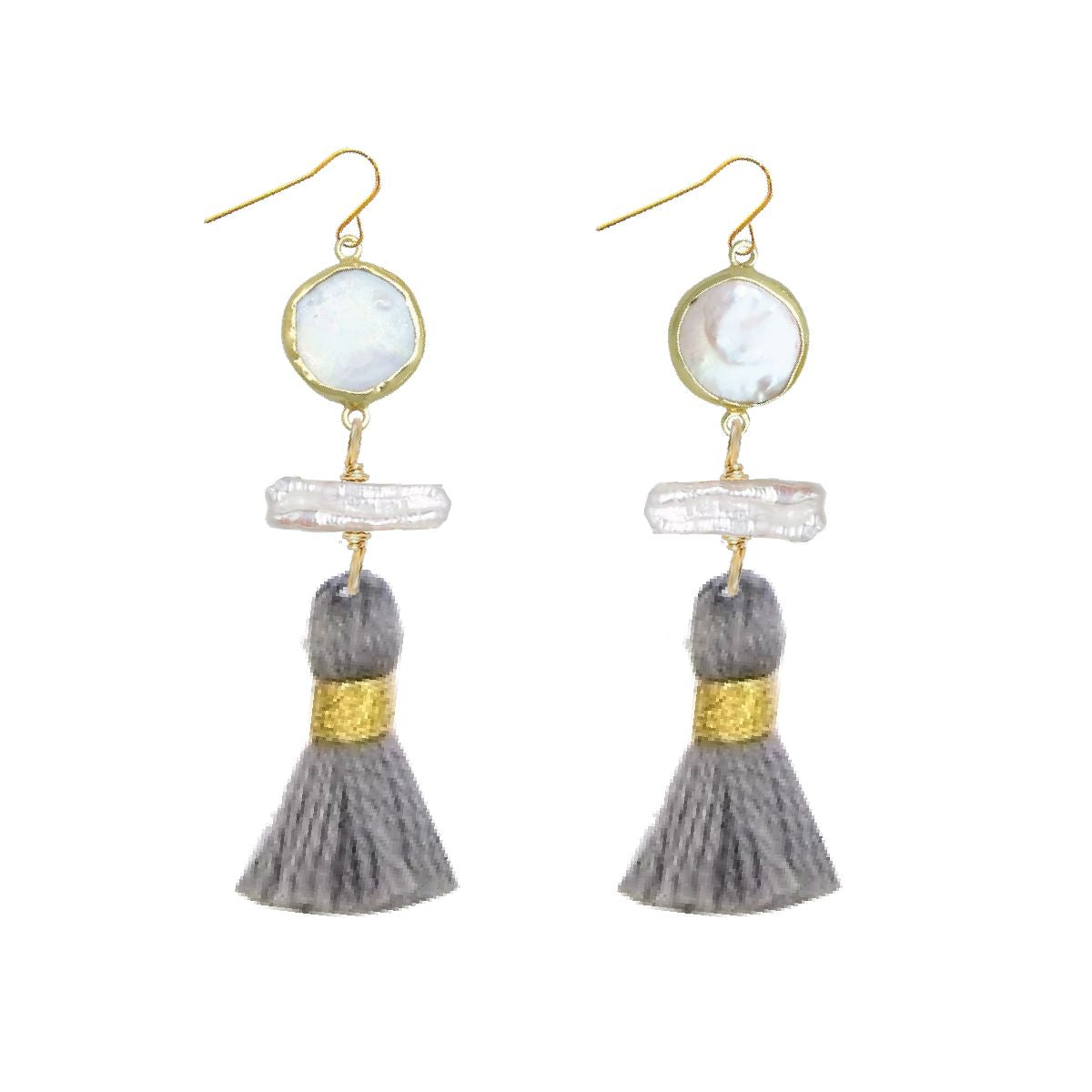 Long Pearl and Grey Tassel Earrings Robyn Canady 