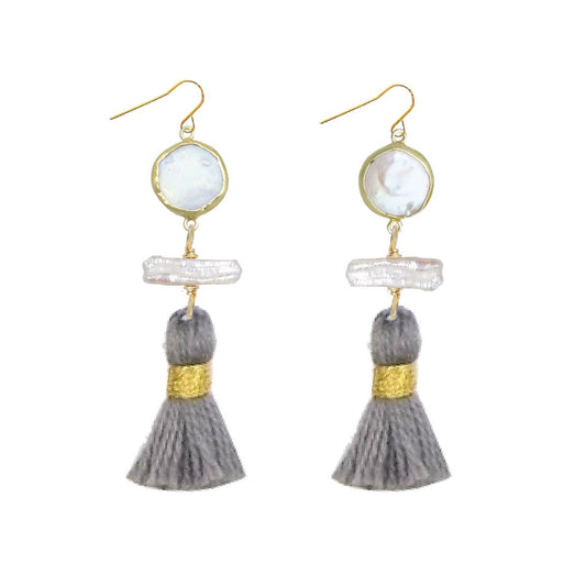 Long Pearl and Grey Tassel Earrings Robyn Canady 