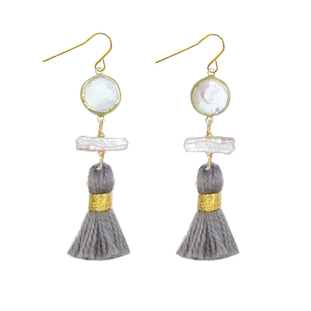 Long Pearl and Grey Tassel Earrings Robyn Canady 