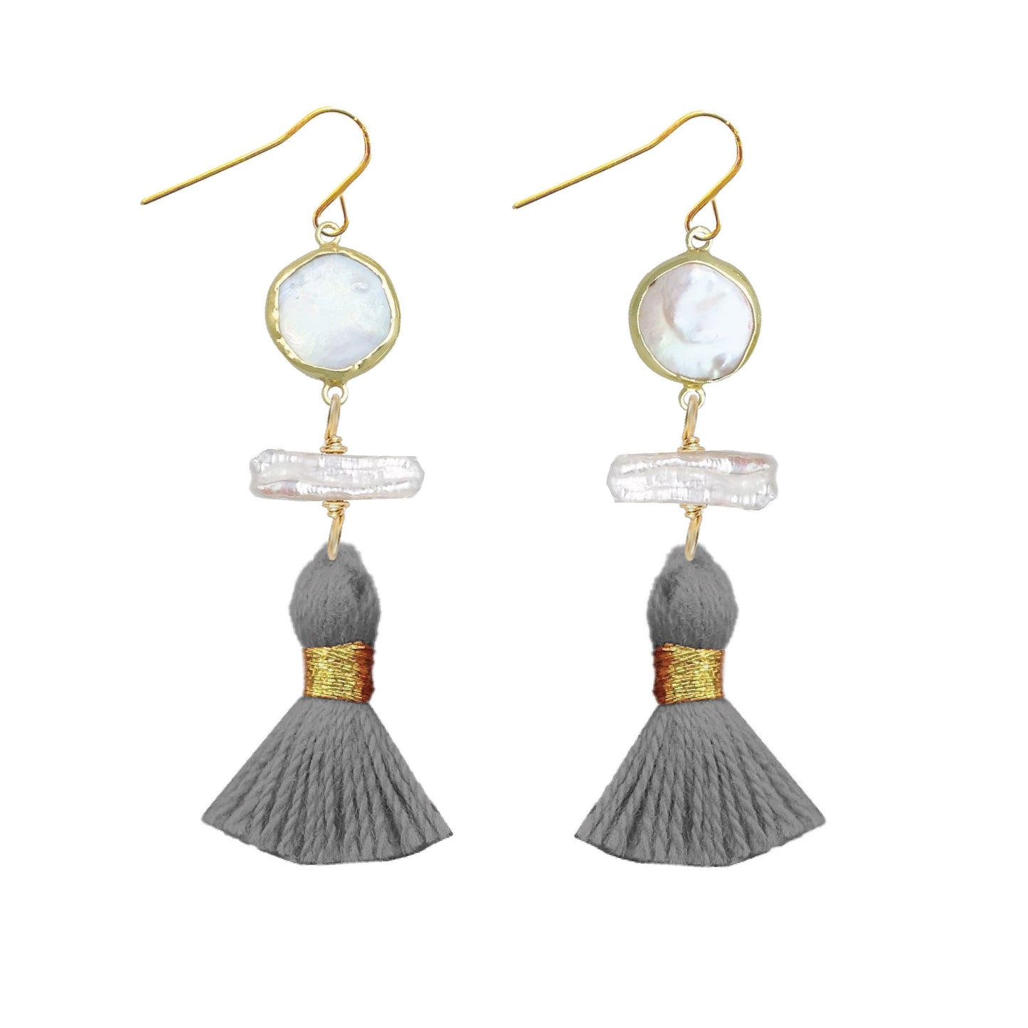 Long Pearl and Grey Tassel Earrings Robyn Canady 