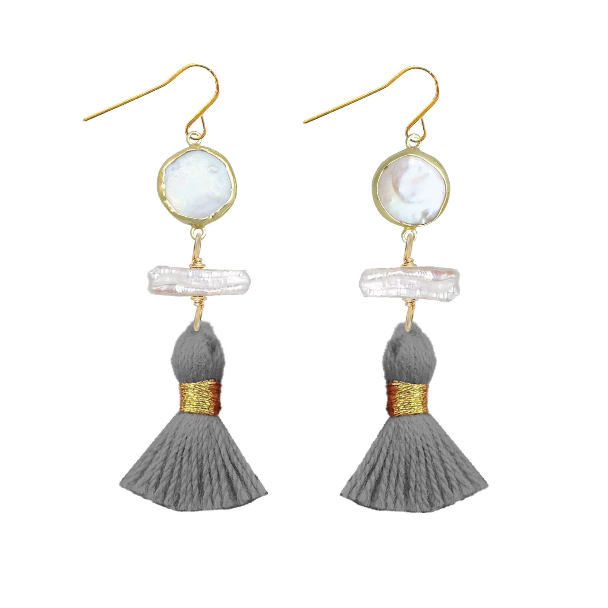Long Pearl and Grey Tassel Earrings Robyn Canady 