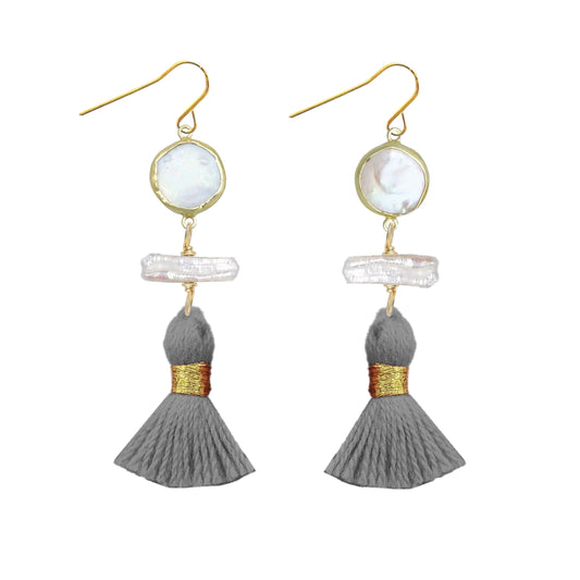 Long Pearl and Grey Tassel Earrings Robyn Canady 