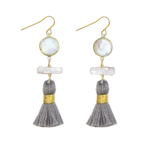 Long Pearl and Grey Tassel Earrings Robyn Canady 