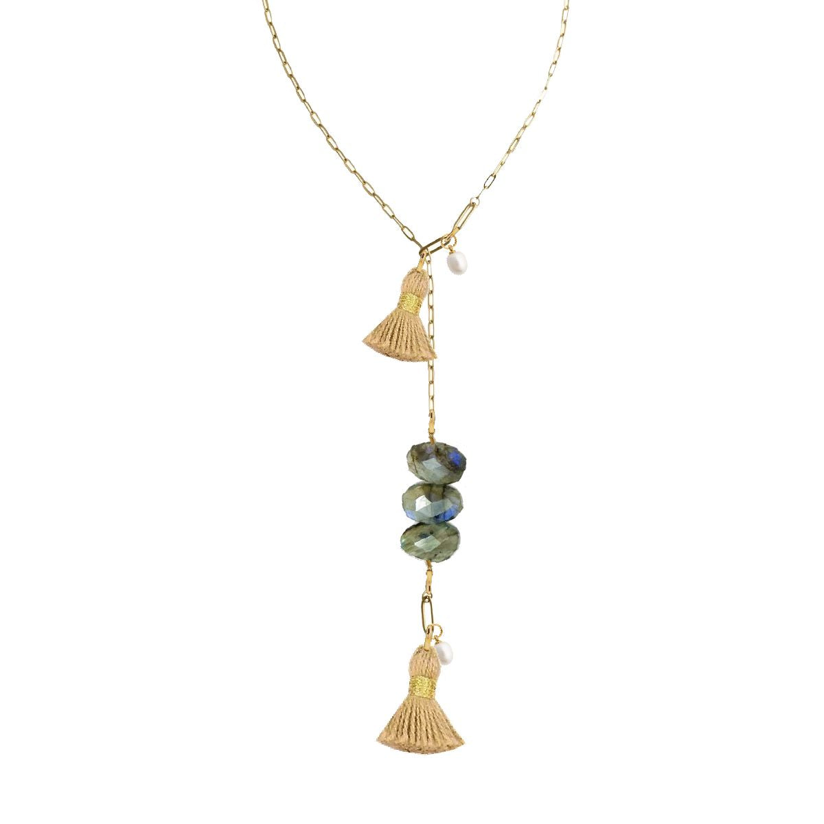 Labradorite and Freshwater Pearl Tassel Lariat Necklace Robyn Canady 