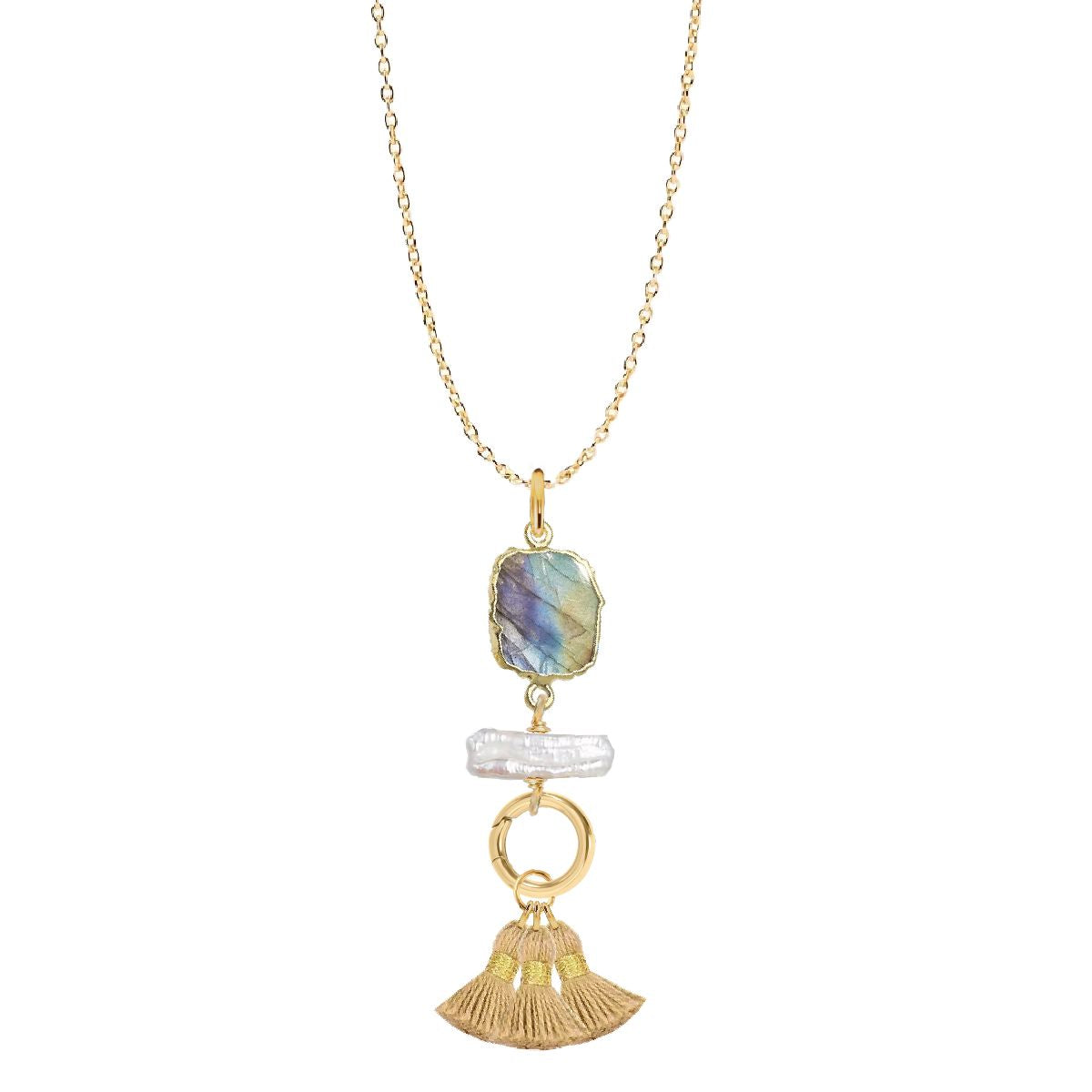 Labradorite Slice, Freshwater Pearl, Gold Tassel Necklace Robyn Canady 