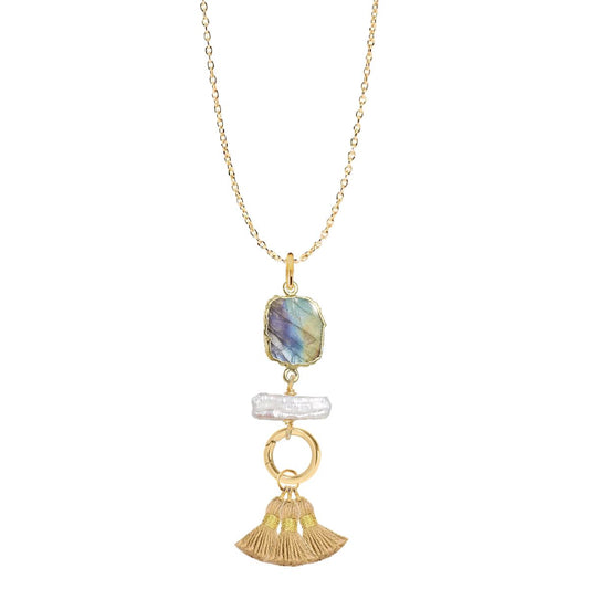 Labradorite Slice, Freshwater Pearl, Gold Tassel Necklace Robyn Canady 