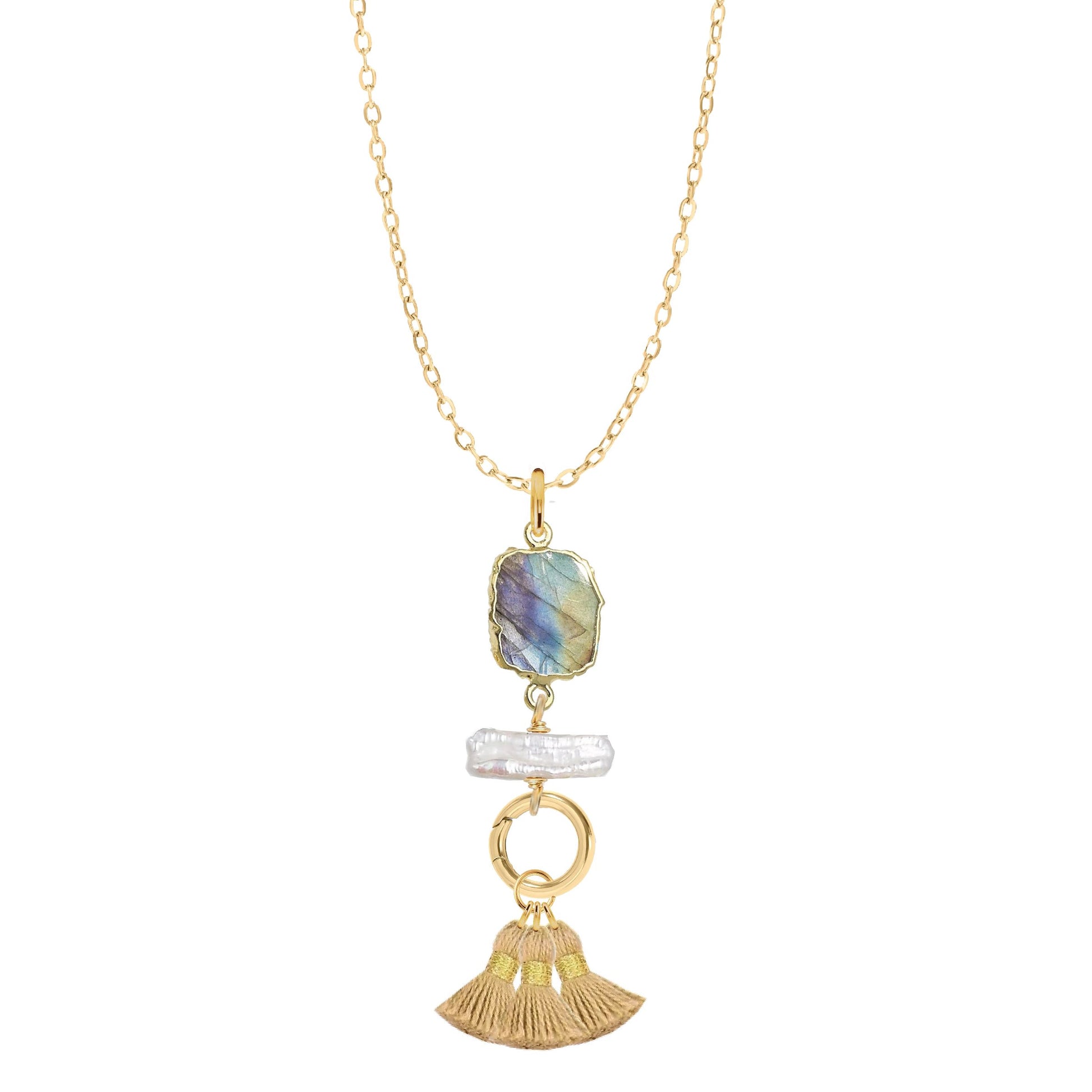 Labradorite Slice, Freshwater Pearl, Gold Tassel Necklace Robyn Canady 