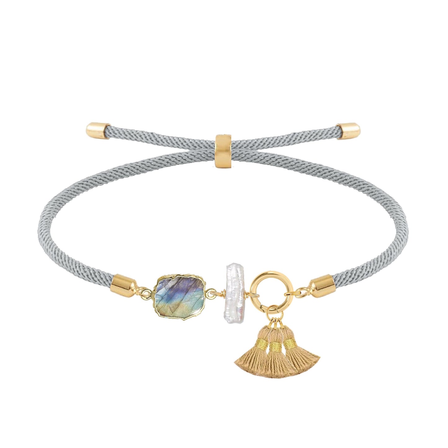 Labradorite Slice, Freshwater Pearl, Gold Tassel Bracelet Robyn Canady Gray 