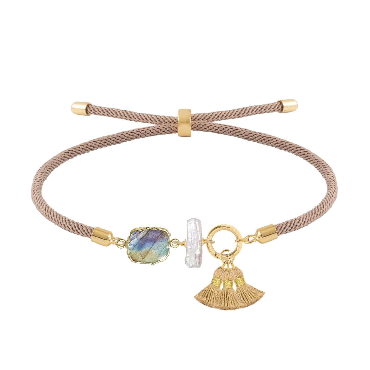 Gemstone Slice, Freshwater Pearl, Gold Tassel Bracelet - 4 color options Robyn Canady Labradorite Sable 