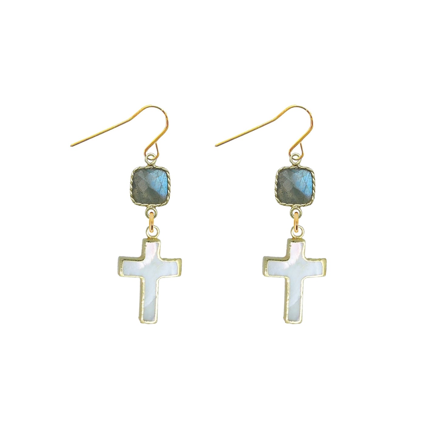 Gemstone and Mother of Pearl Cross Earrings - 4 color options Robyn Canady Labradorite 