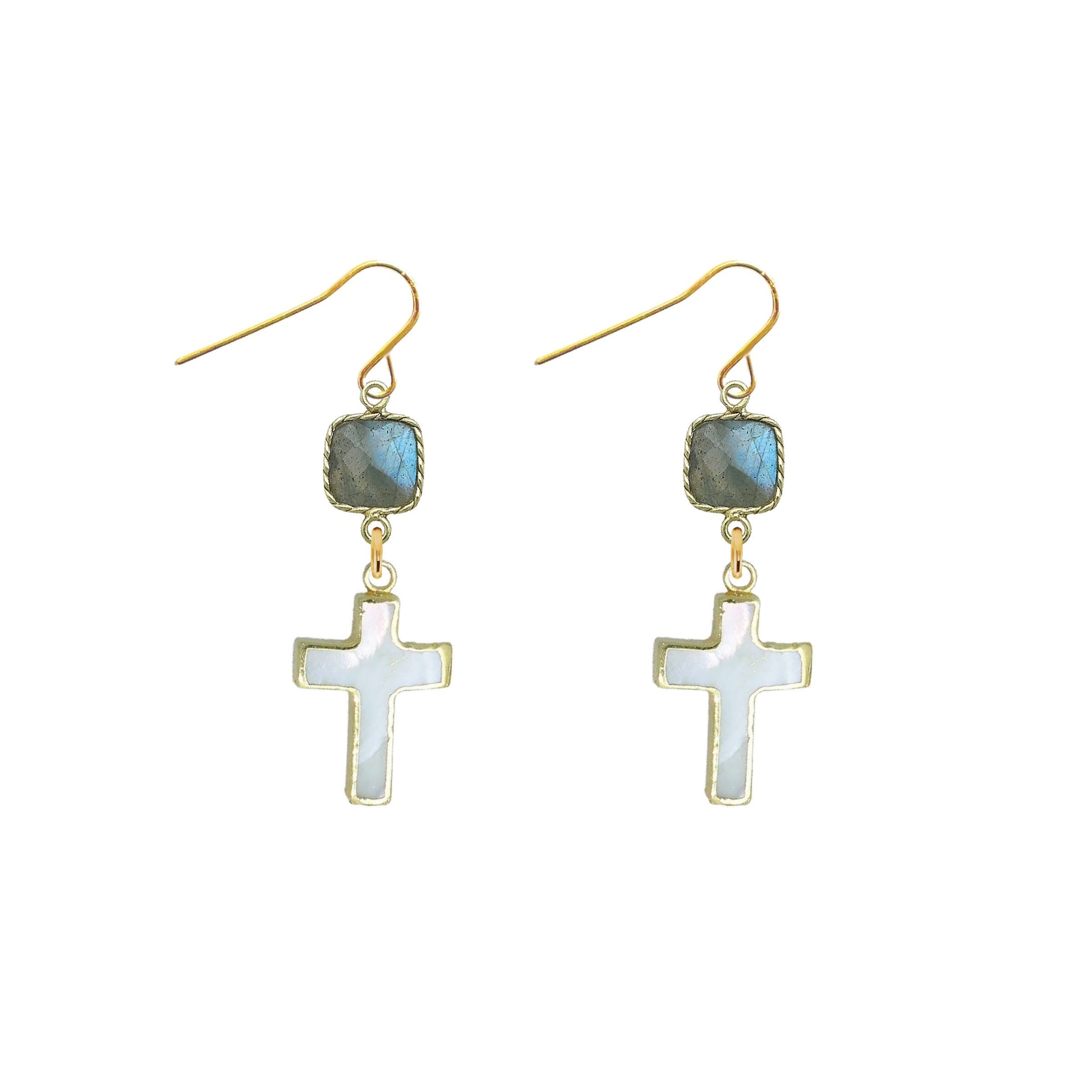 Gemstone and Mother of Pearl Cross Earrings - 4 color options Robyn Canady Labradorite 
