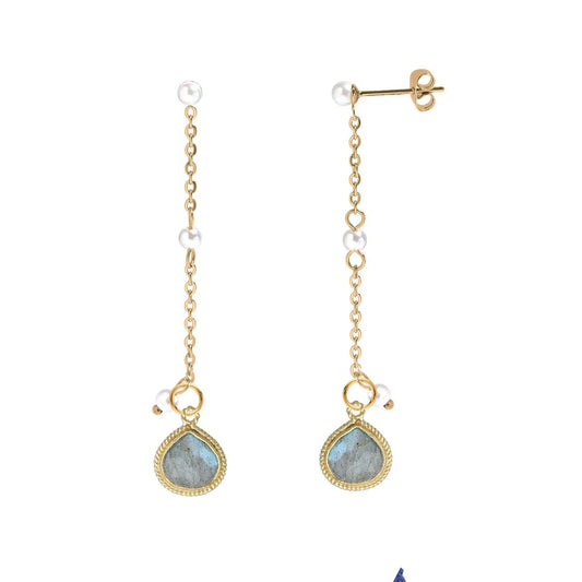 Long Pearl and Labradorite Drop Stud Back Earrings Robyn Canady 