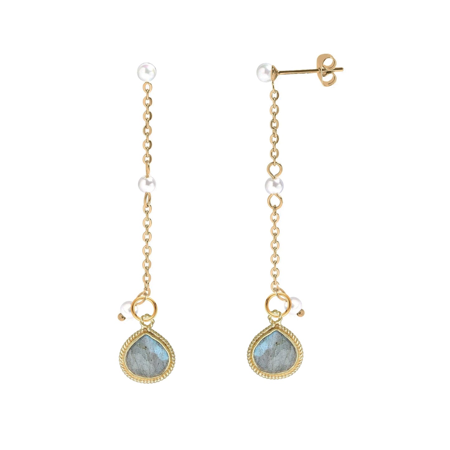 Long Pearl and Labradorite Drop Stud Back Earrings Robyn Canady 