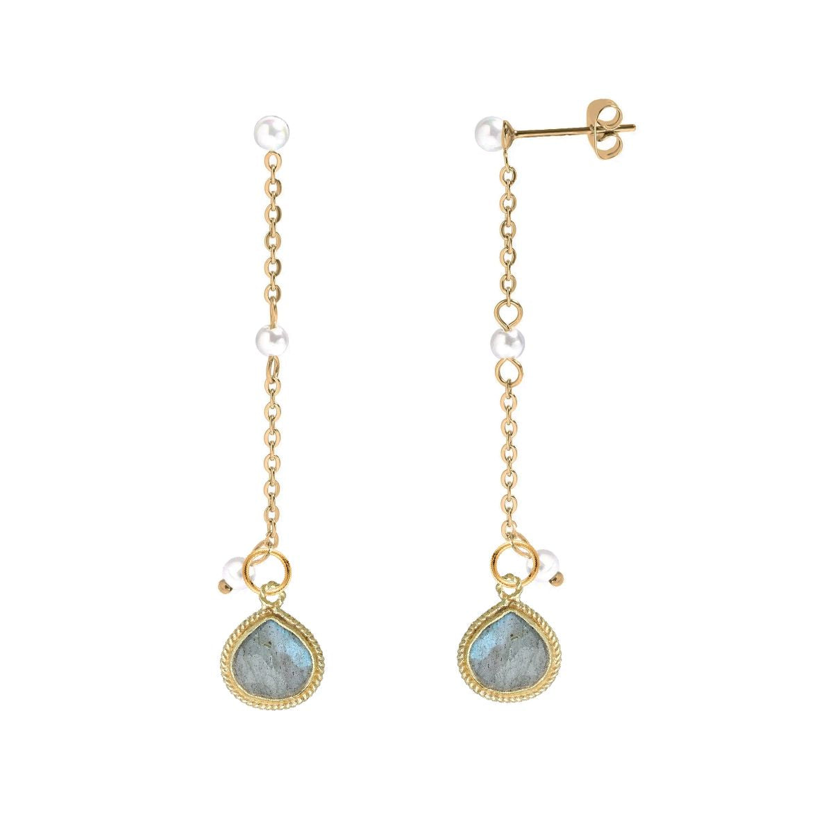 Long Pearl and Labradorite Drop Stud Back Earrings Robyn Canady 