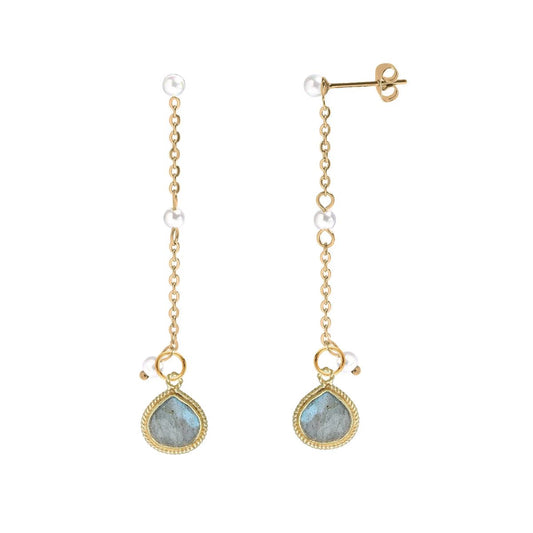 Long Pearl and Labradorite Drop Stud Back Earrings Robyn Canady 