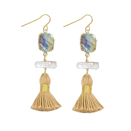 Labradorite Slice, Freshwater Pearl, Gold Tassel Earrings Robyn Canady 