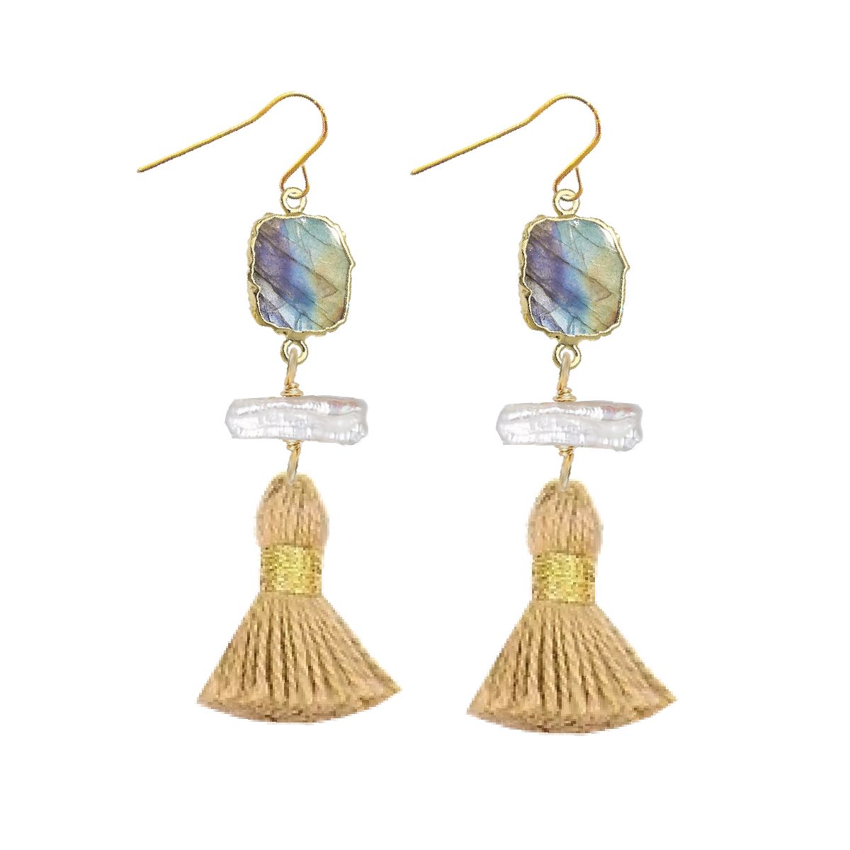 Labradorite Slice, Freshwater Pearl, Gold Tassel Earrings Robyn Canady 