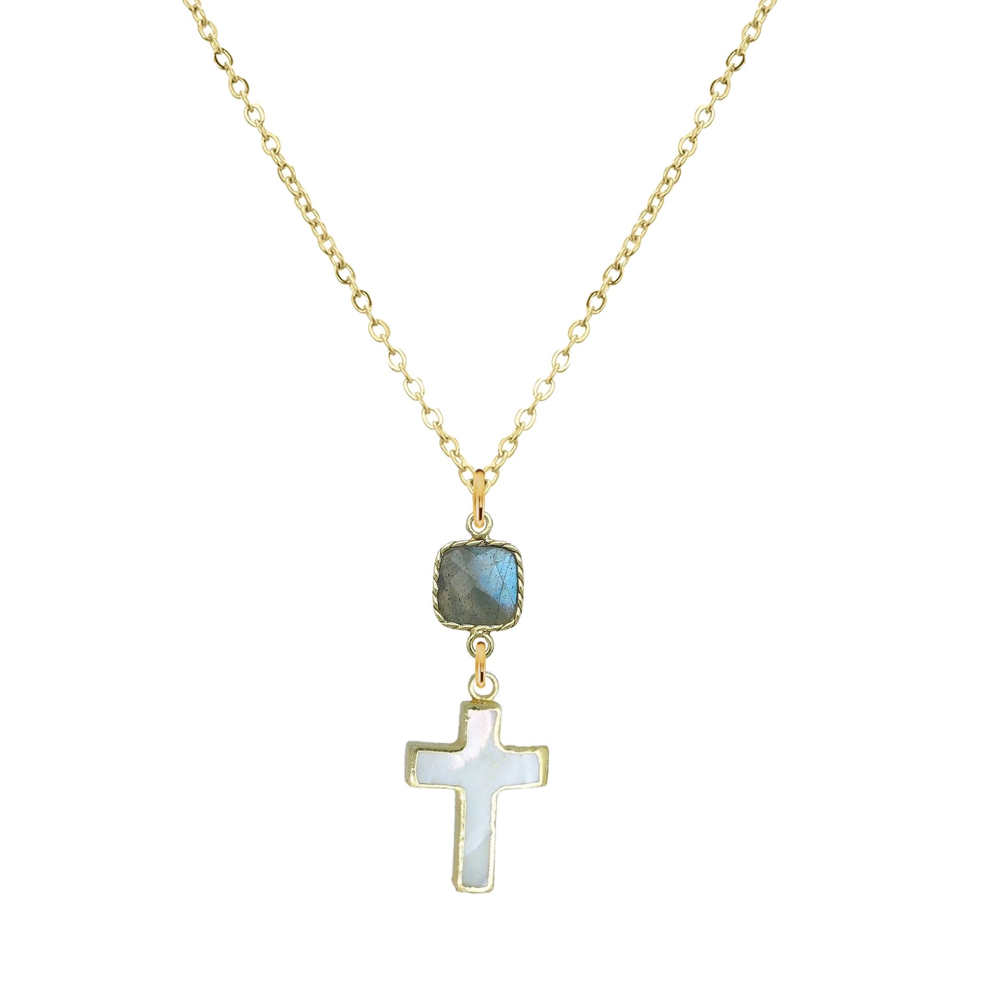 Gemstone and Mother of Pearl Cross Necklace - 4 color options Robyn Canady 18K Stainless Steel Labradorite 