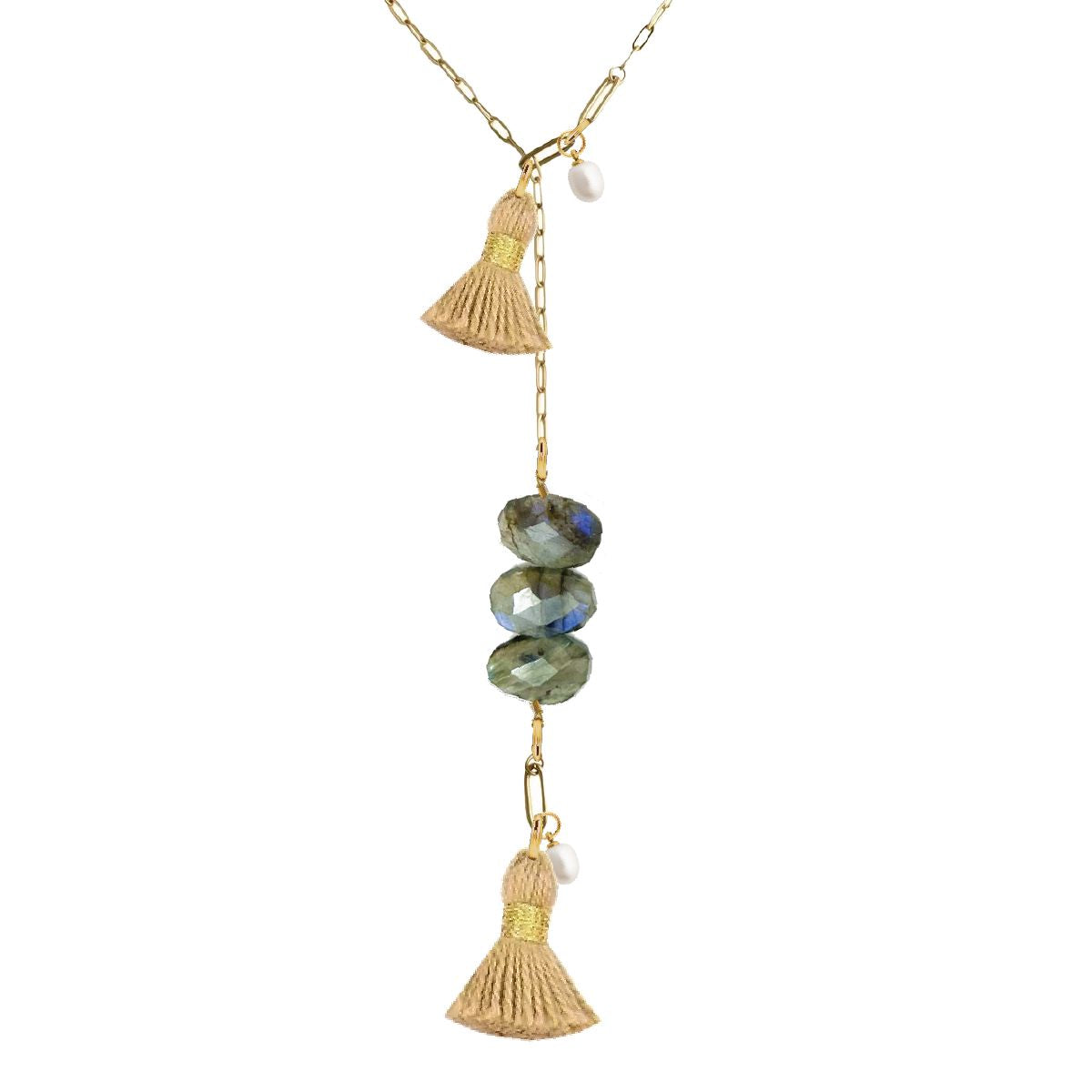Labradorite and Freshwater Pearl Tassel Lariat Necklace Robyn Canady 