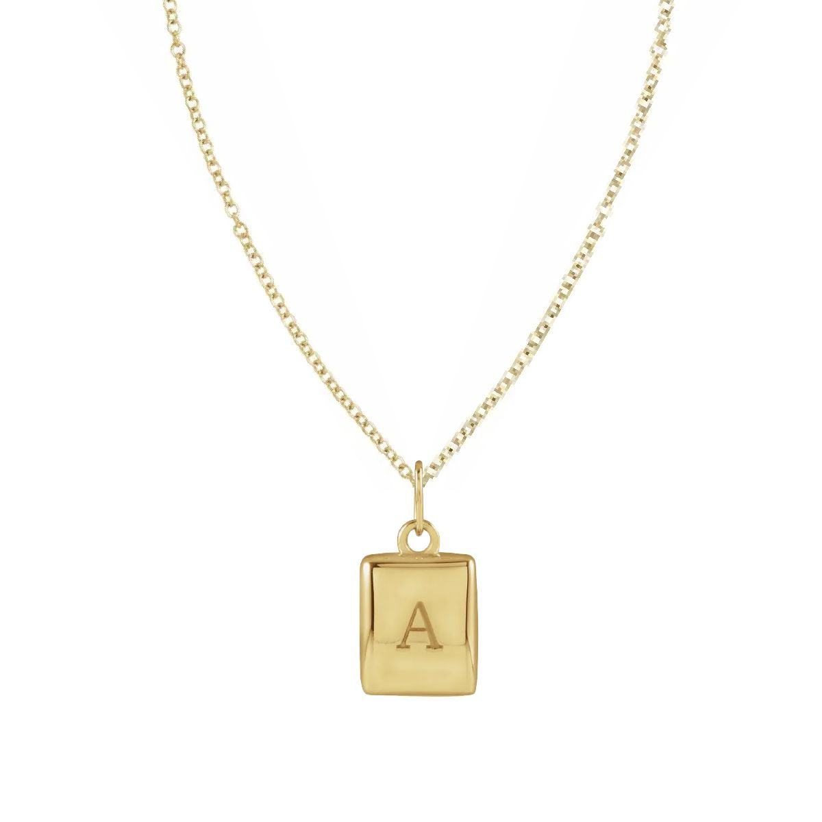 14K Yellow Gold Initial Square Puffy Pendant – Polished Alphabet Letter Pendant Necklace Robyn Canady Necklace (Pendant with a 14K Gold Filled Chain) A 