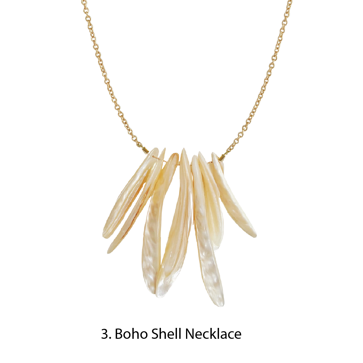 Boho shell necklace on a white background