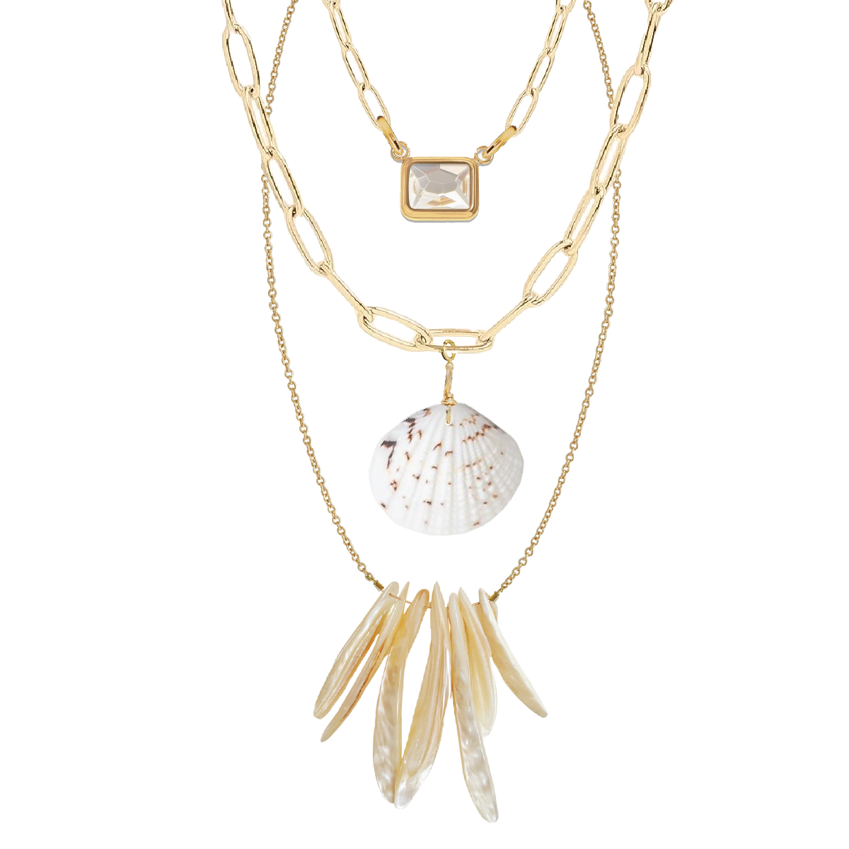 Set of three layered necklaces on a white background.