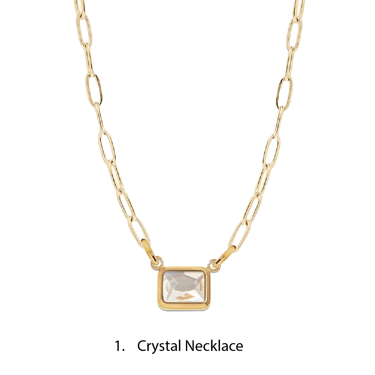Gold necklace with a square crystal pendant on a white background