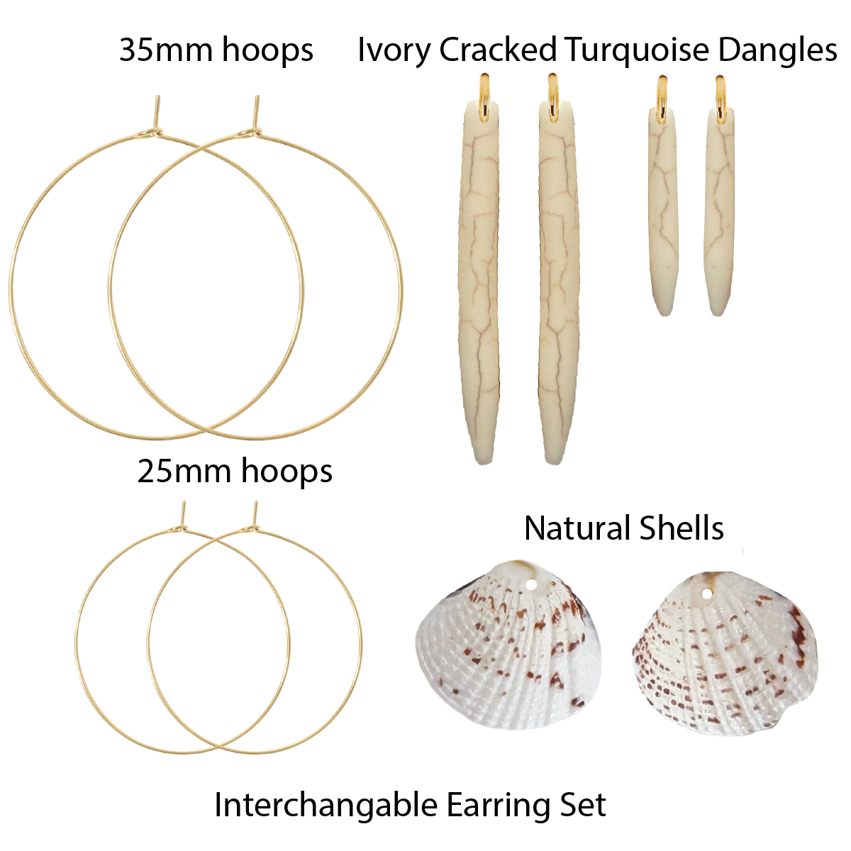 Interchangeable earring set with gold hoops, ivory cracked turquoise dangles, and natural shells on a white background.