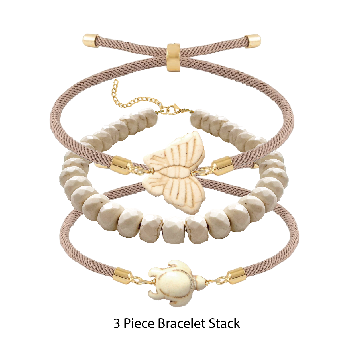 Three piece bracelet stack with butterfly and turtle charms on a white background