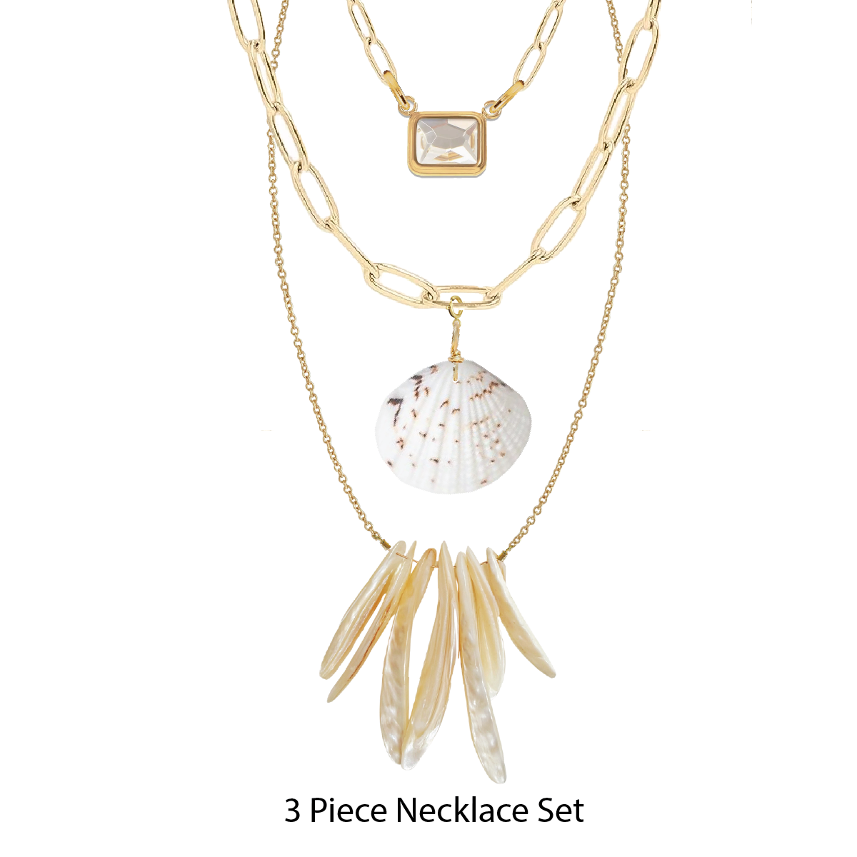 Three-piece necklace set with gold chain, shell pendant, and crystal pendant on a white background.