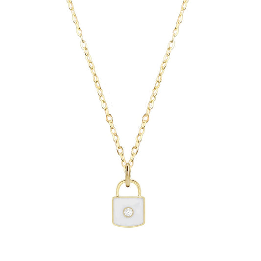 White Enamel Diamond Lock Necklace or Charm Necklace Robyn Canady 14K Solid Yellow Gold 14K Yellow Gold Filled 
