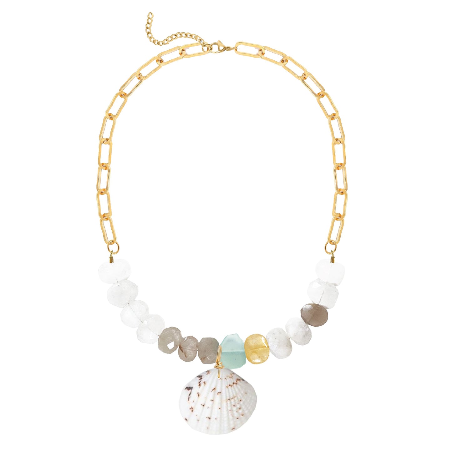 Aqua Chalcedony Statement Necklace with Large Shell Pendant Robyn Canady Gold 