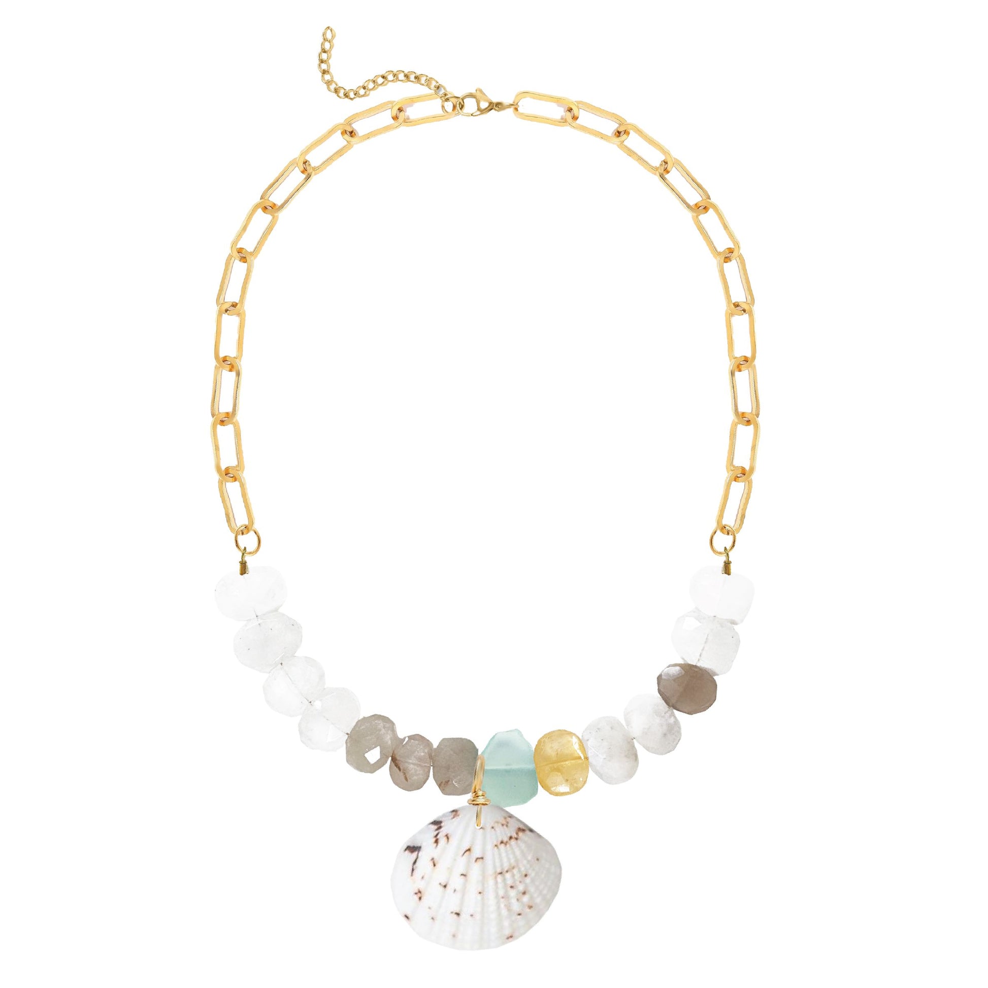 Aqua Chalcedony Statement Necklace with Large Shell Pendant Robyn Canady Gold 