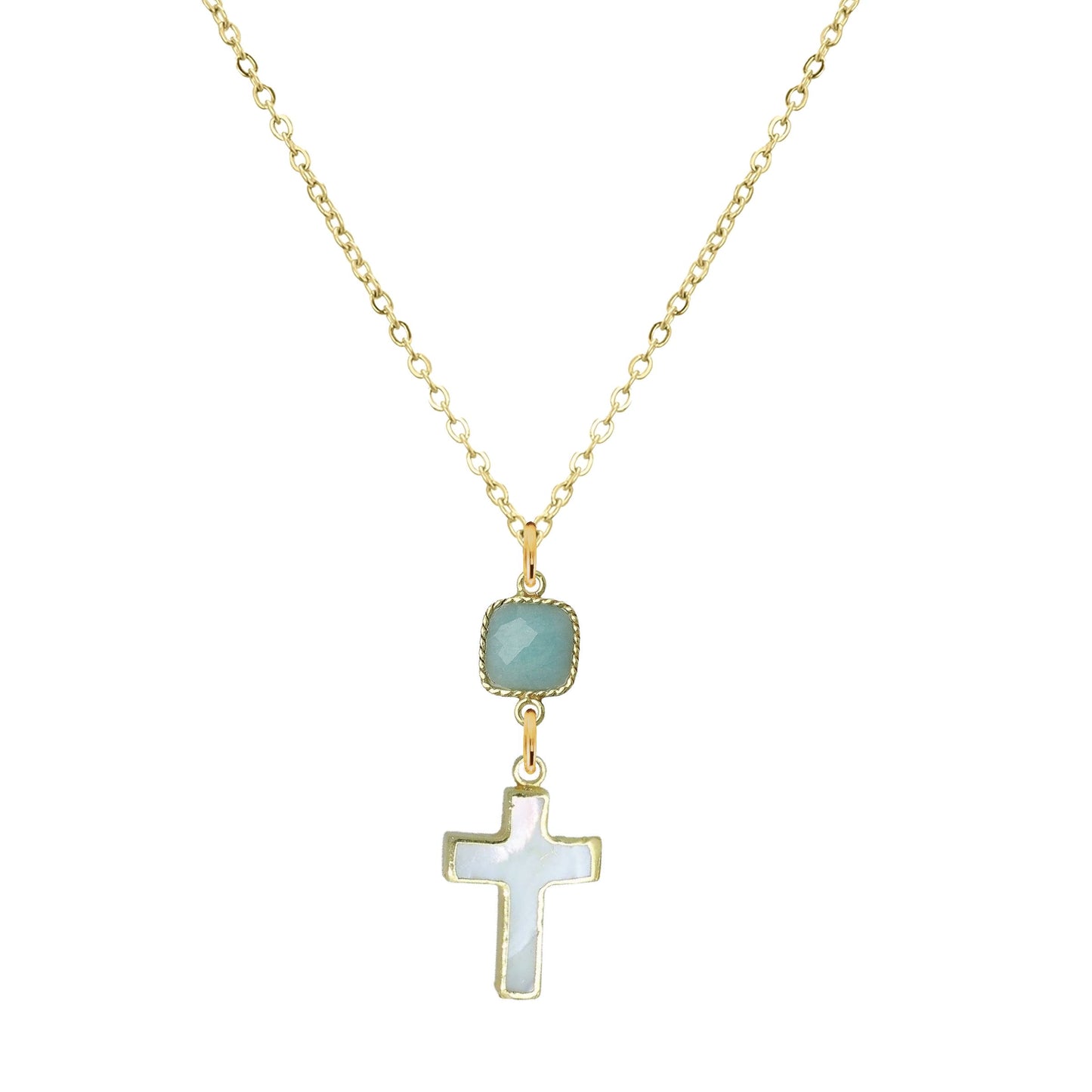 Gemstone and Mother of Pearl Cross Necklace - 4 color options Robyn Canady 18K Stainless Steel Aquamarine 