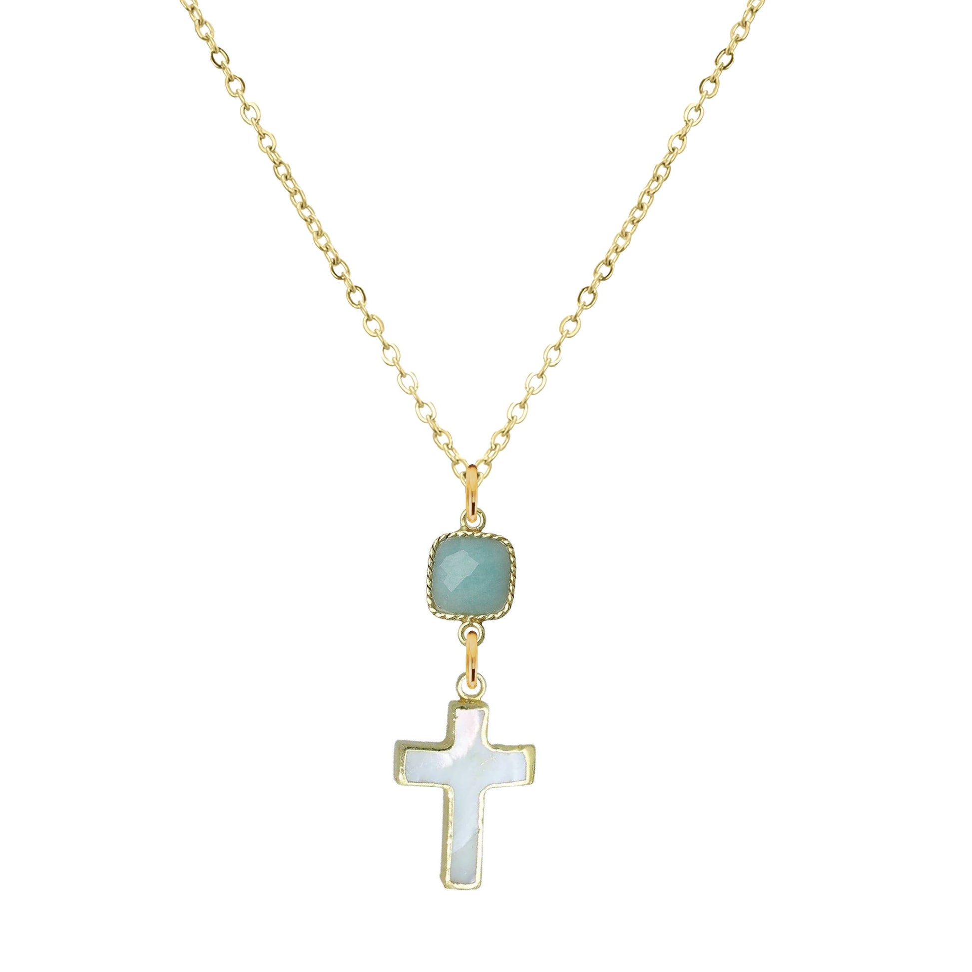 Gemstone and Mother of Pearl Cross Necklace - 4 color options Robyn Canady 18K Stainless Steel Aquamarine 