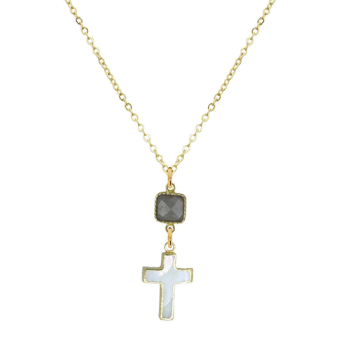 Gemstone and Mother of Pearl Cross Necklace - 4 color options