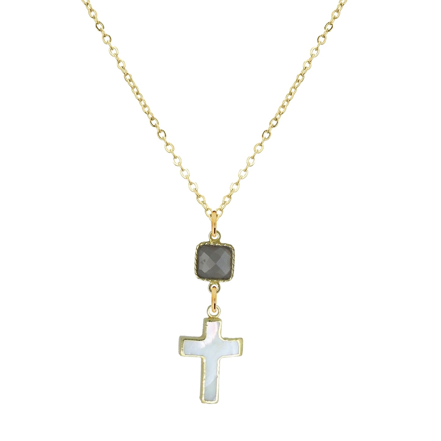 Gemstone and Mother of Pearl Cross Necklace - 4 color options Robyn Canady 18K Stainless Steel Gray Moonstone 