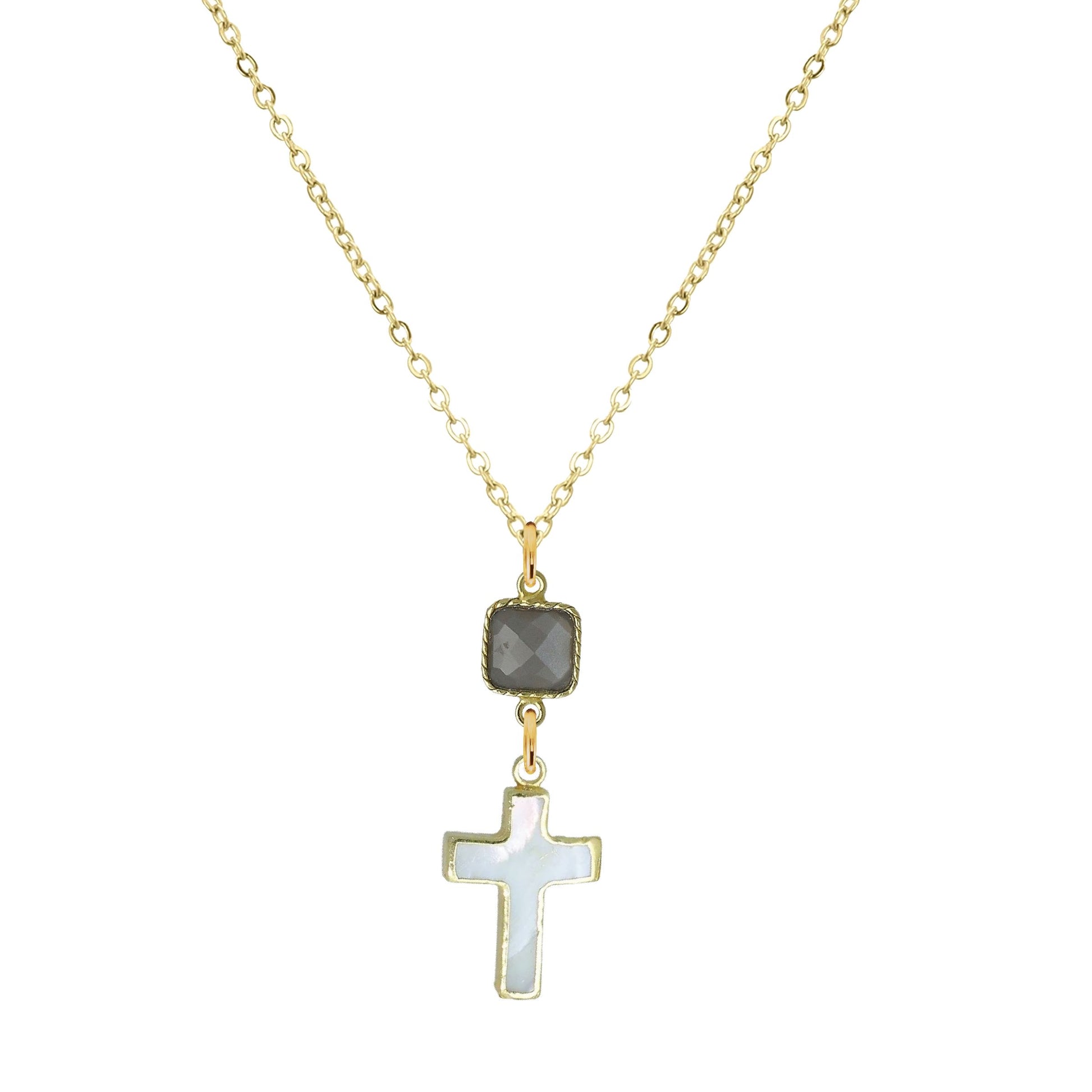 Gemstone and Mother of Pearl Cross Necklace - 4 color options Robyn Canady 18K Stainless Steel Gray Moonstone 