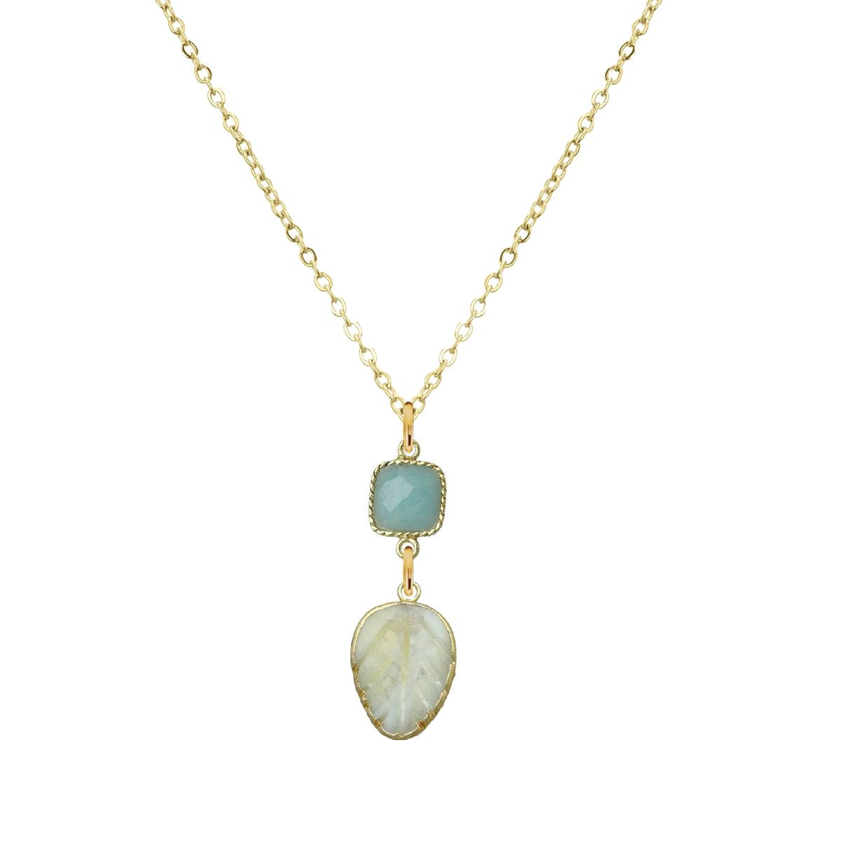 Gemstone and Mother of Pearl Leaf Necklace - 4 color options Robyn Canady 18K Stainless Steel Aquamarine 