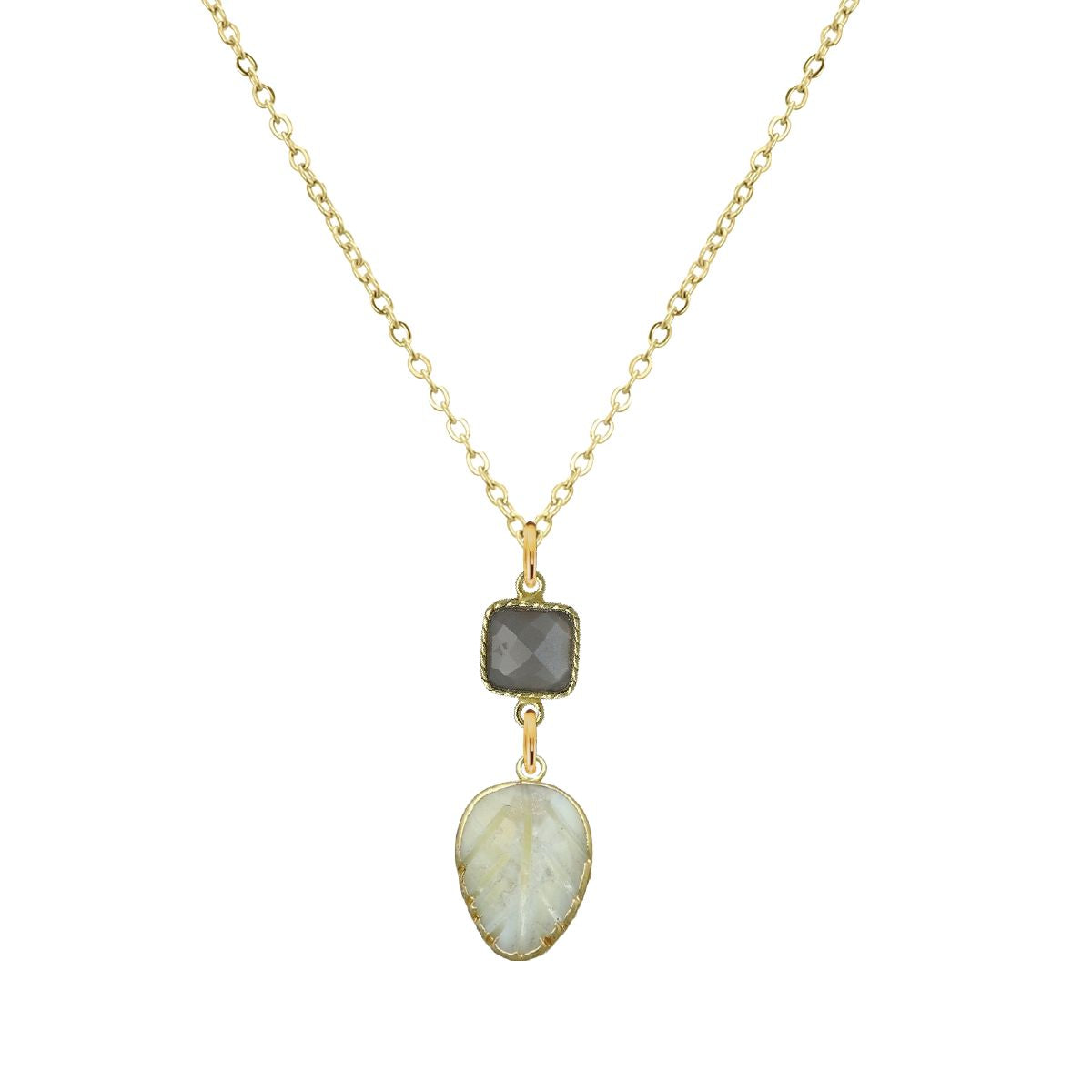 Gemstone and Mother of Pearl Leaf Necklace - 4 color options Robyn Canady 18K Stainless Steel Gray Moonstone 