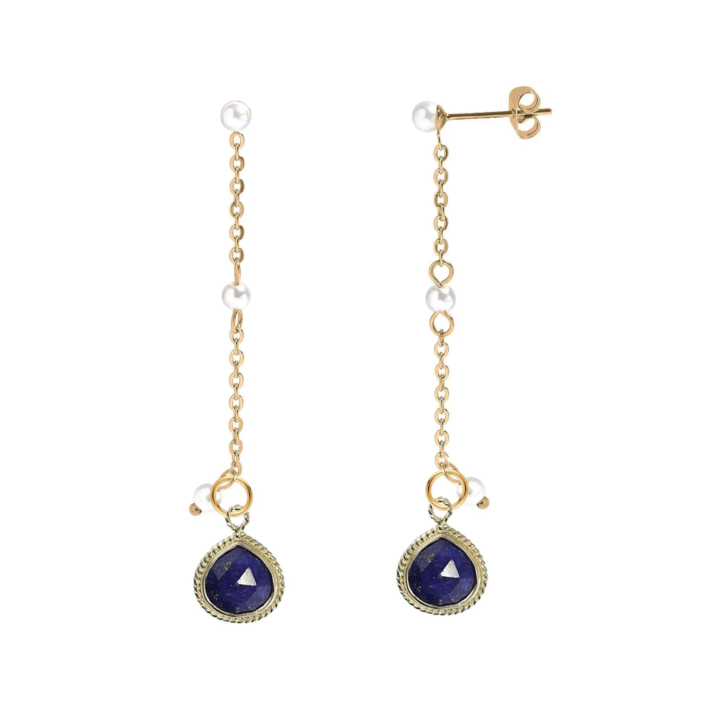 Long Pearl and Gemstone Drop Stud Back Earrings - 9 color options Robyn Canady Lapis 