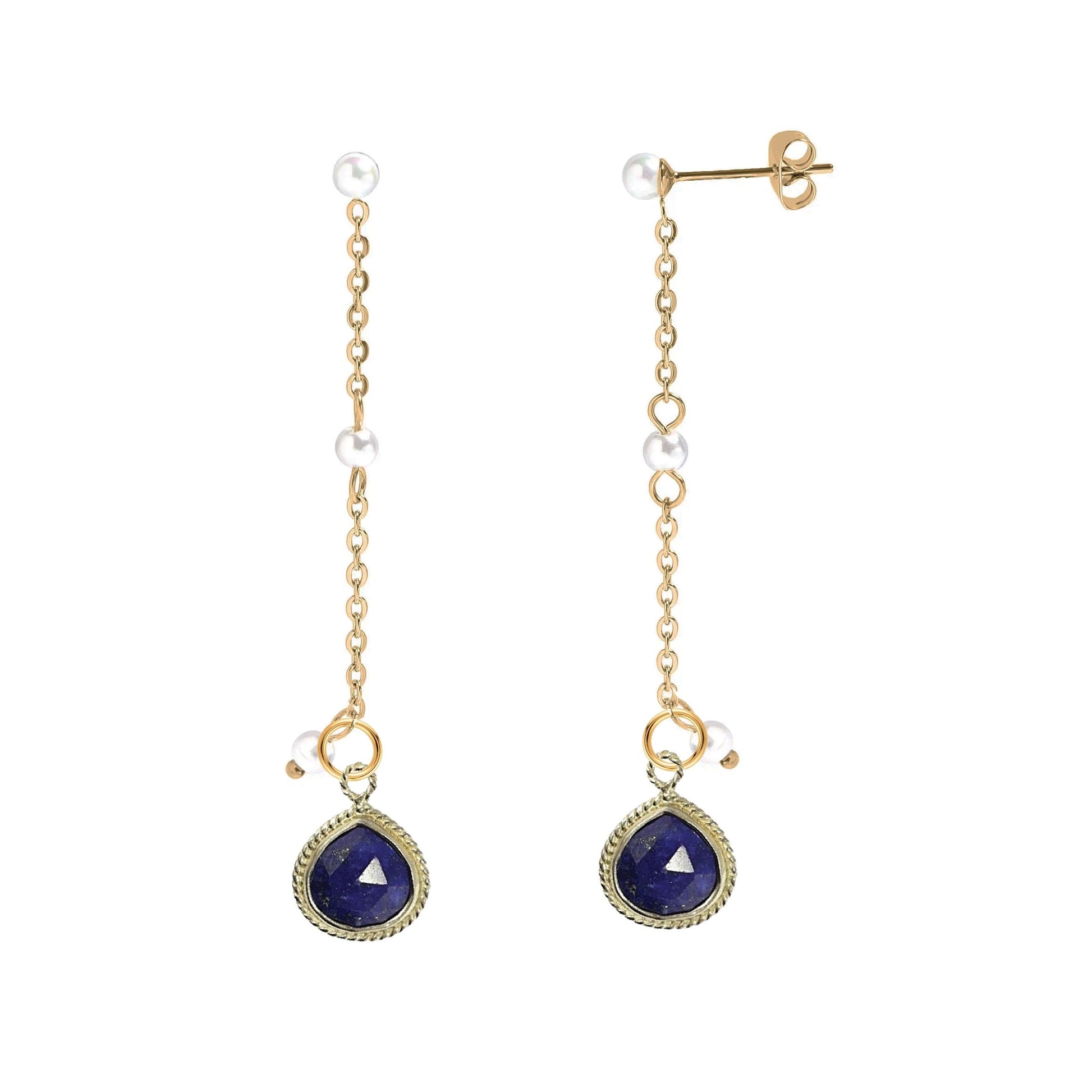 Long Pearl and Gemstone Drop Stud Back Earrings - 9 color options Robyn Canady Lapis 