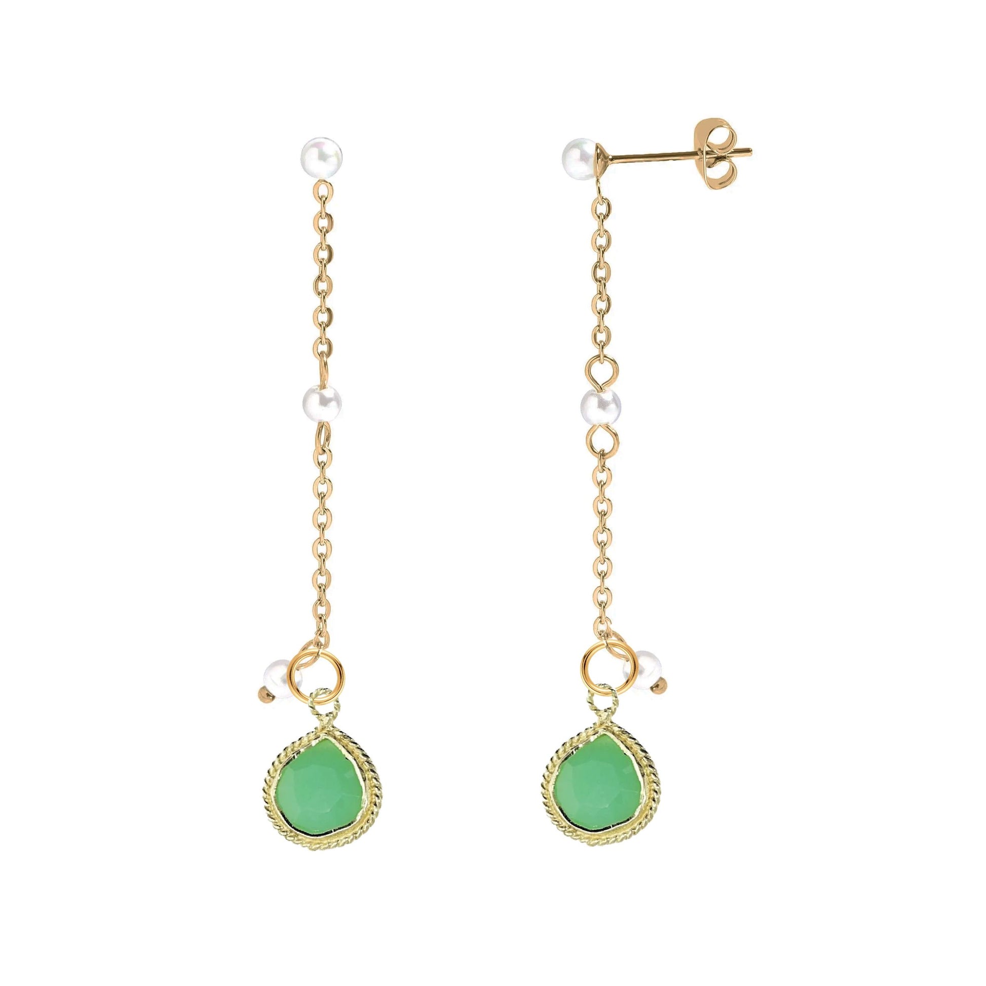 Long Pearl and Gemstone Drop Stud Back Earrings - 9 color options Robyn Canady Chrysoprase 