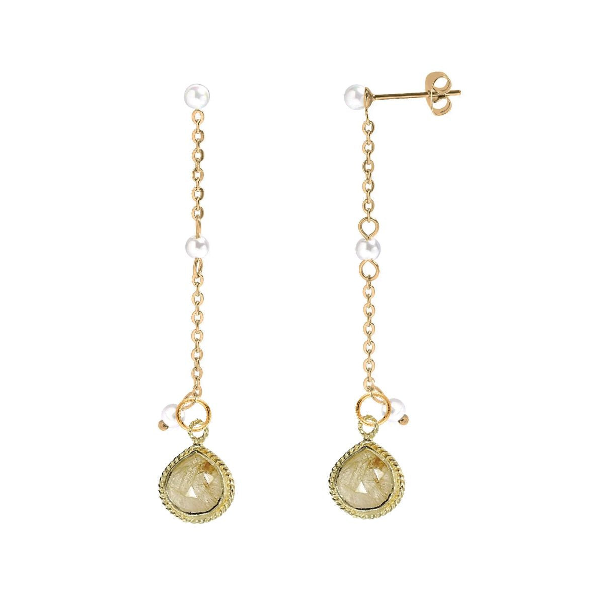 Long Pearl and Gemstone Drop Stud Back Earrings - 9 color options Robyn Canady Rutilated Quartz 